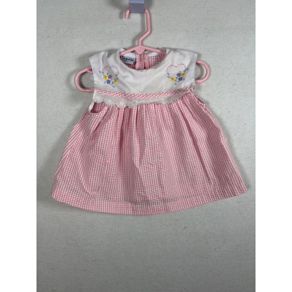 Samara Gingham Dress‎ Baby Girl 12M Pink Vintage Floral Embroidery
